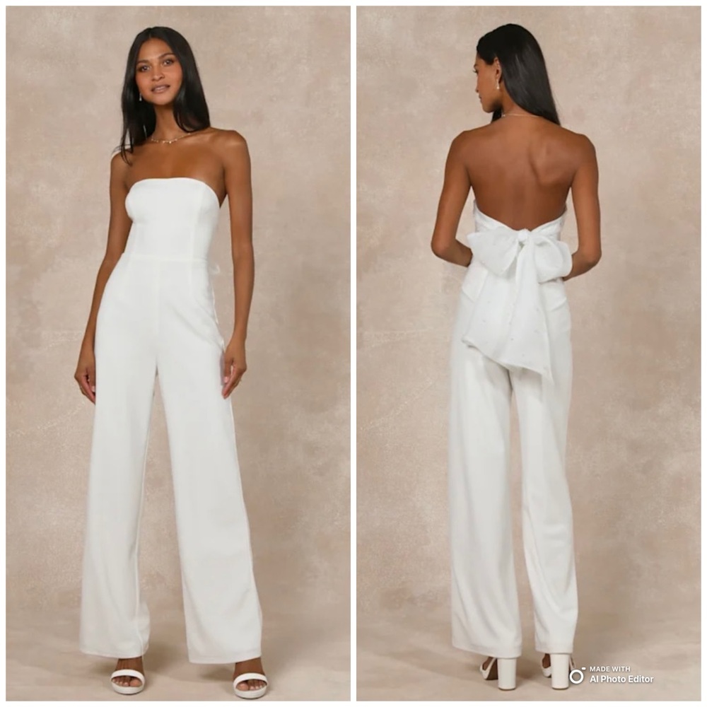 Lulus Small Marvelous Glow White Strapless Pearl Tie-Back Jumpsuit NWOT
